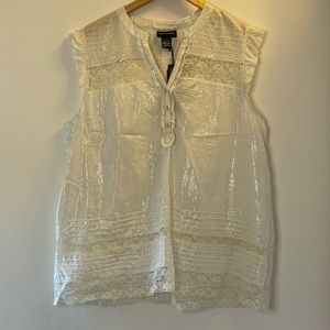 NWT Request LargeWhite Sleeveless Lace Top with Silver Thread Detail